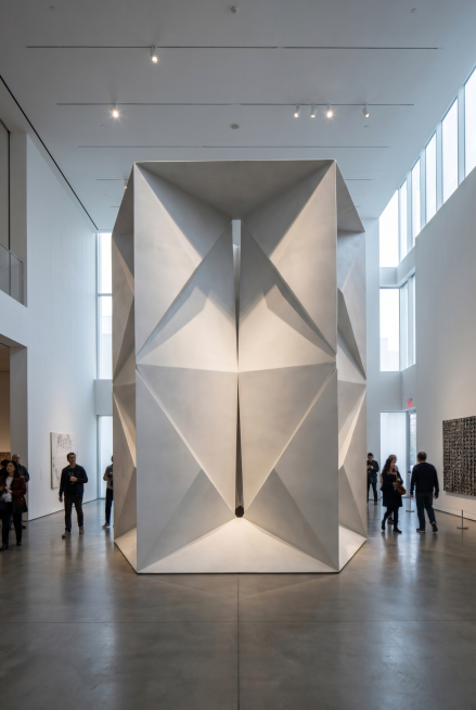 将这个五角星折纸结构改造为大型展厅中心艺术装置，做成硬质一体化大型几何雕塑，放置在现代美术馆展厅中心，保留折面几何造型，光影层次丰富，现代艺术装置预览效果