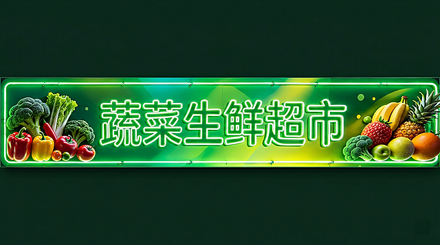 参照参考图设计，设计一张蔬菜生鲜超市门头灯箱，中间是用绿色霓虹灯管效果呈现的"蔬菜生鲜超市"字样，字体粗壮醒目，自带发光轮廓，典型商业招牌风格；灯箱左右两侧搭配超写实的果蔬素材，色彩鲜亮饱满，和霓虹发光的文字形成科技感加烟火气的碰撞；整体以鲜亮绿色为主色调，搭配果蔬的红、黄、橙、绿等高饱和色彩，背景是从深绿到浅黄绿过渡的渐变绿色；霓虹灯管边缘带有轻微复古做旧质感，搭配3D立体果蔬素材，形成复古霓虹加现代写实混搭风格，霓虹科技感结合写实风，醒目吸睛的现代商业生鲜超市门头灯箱，保持参考图的构图和元素布局，超长横幅比例