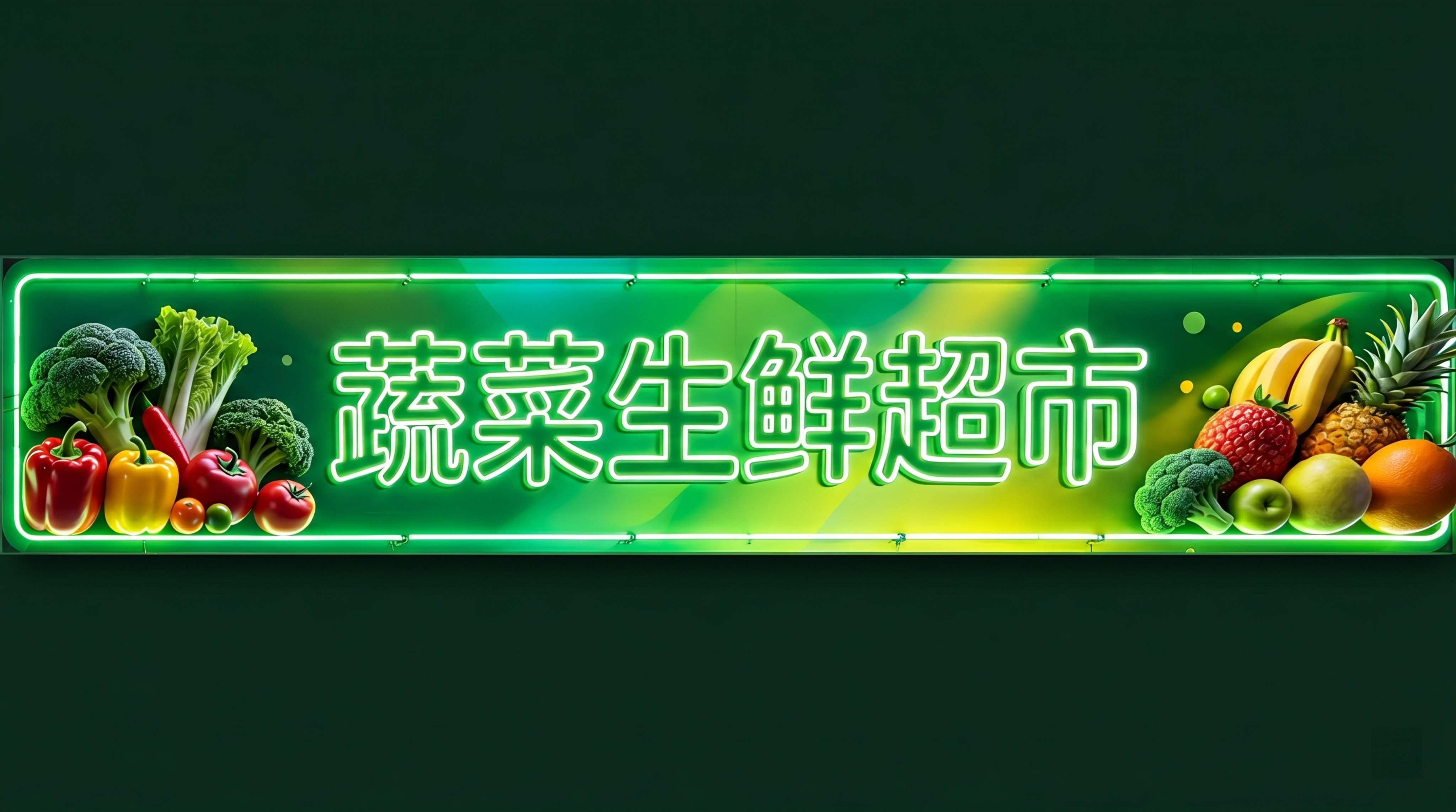 参照参考图设计，设计一张蔬菜生鲜超市门头灯箱，中间是用绿色霓虹… - 图片创意预览
