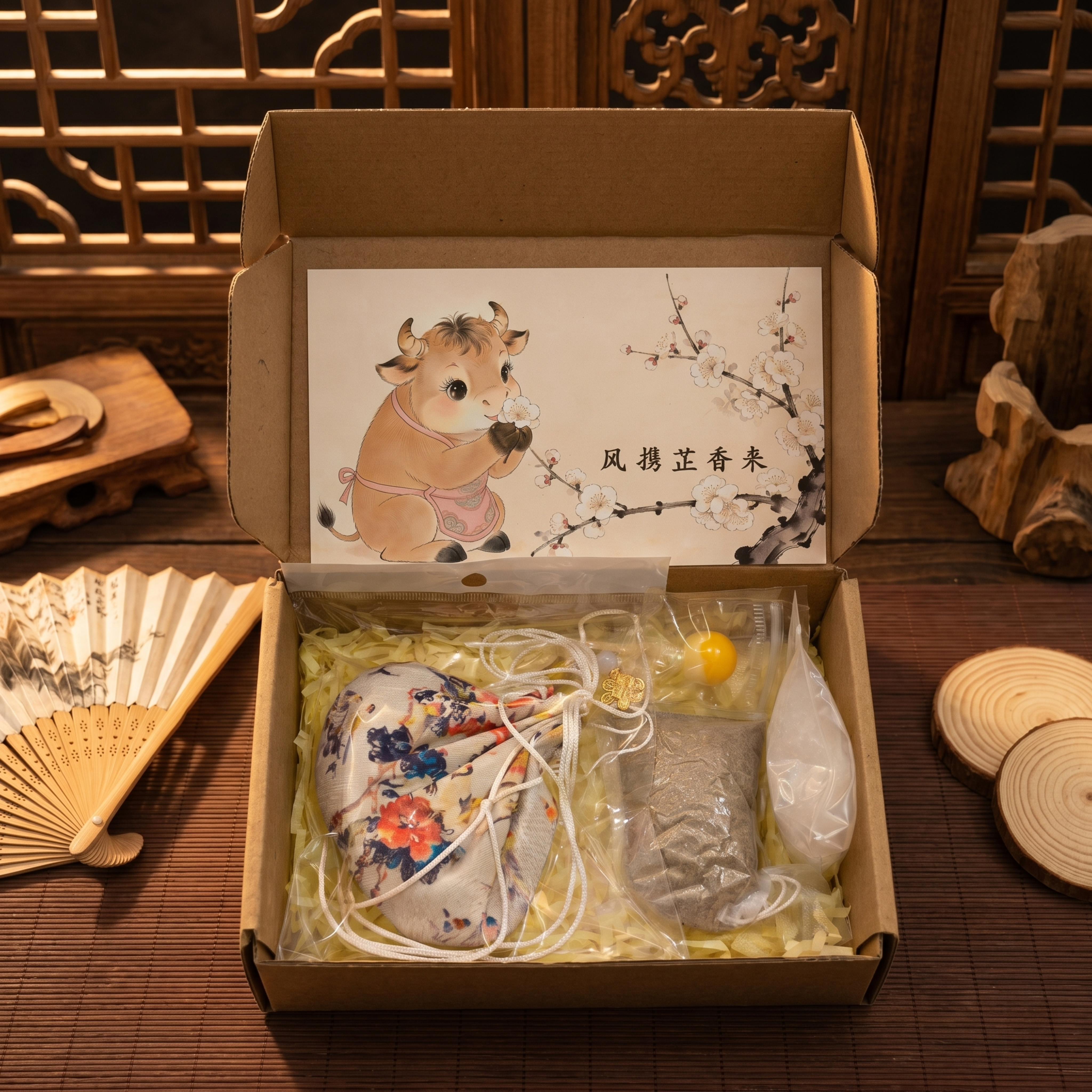 打开的牛皮纸盒中装有印花香囊、香包替换芯、配件珠等产品，整体被… - 图片创意预览