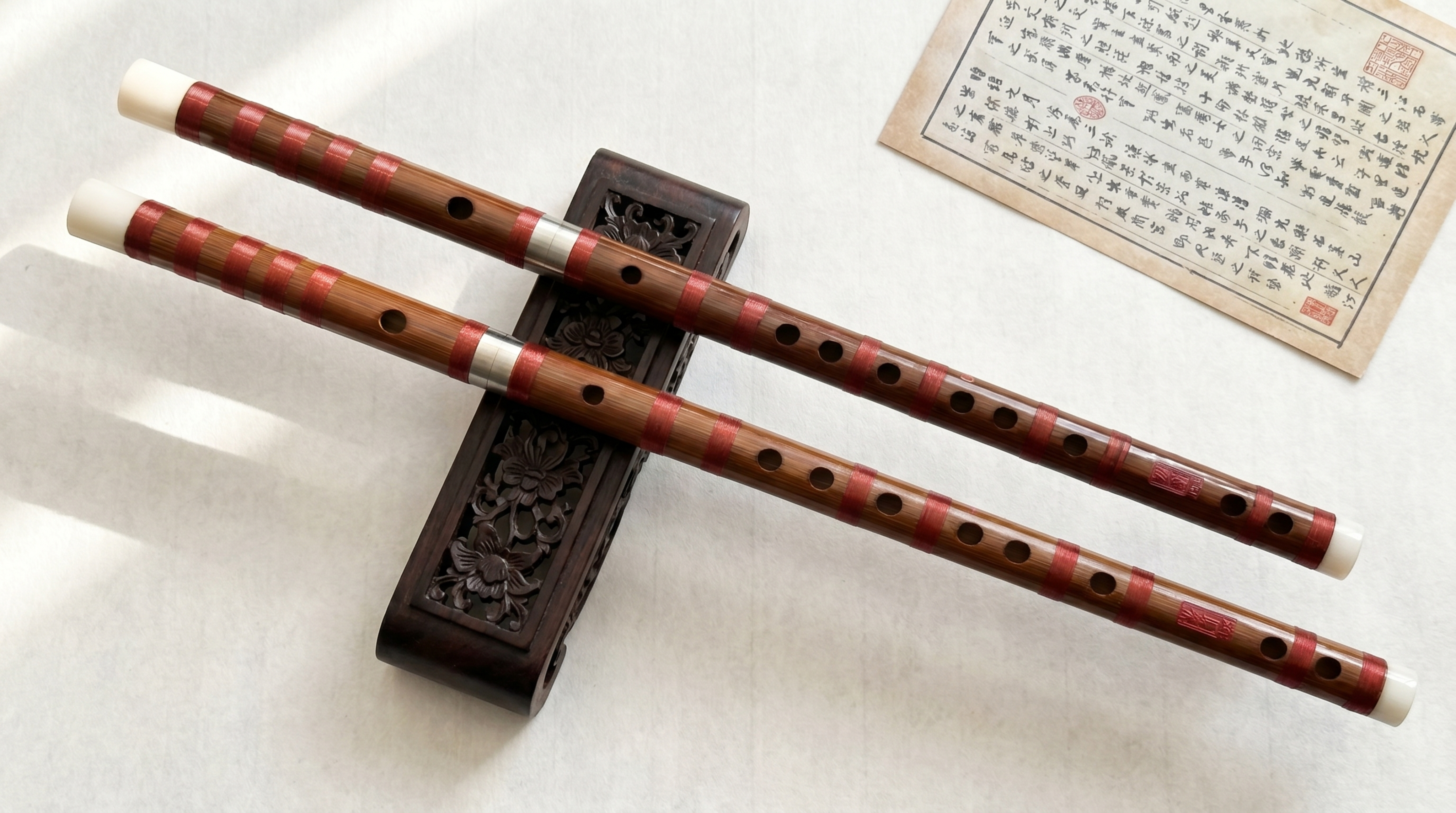 两支精品竹笛从画面左上角斜向延伸至右下角，笛头在左上笛尾在右下… - 图片创意预览