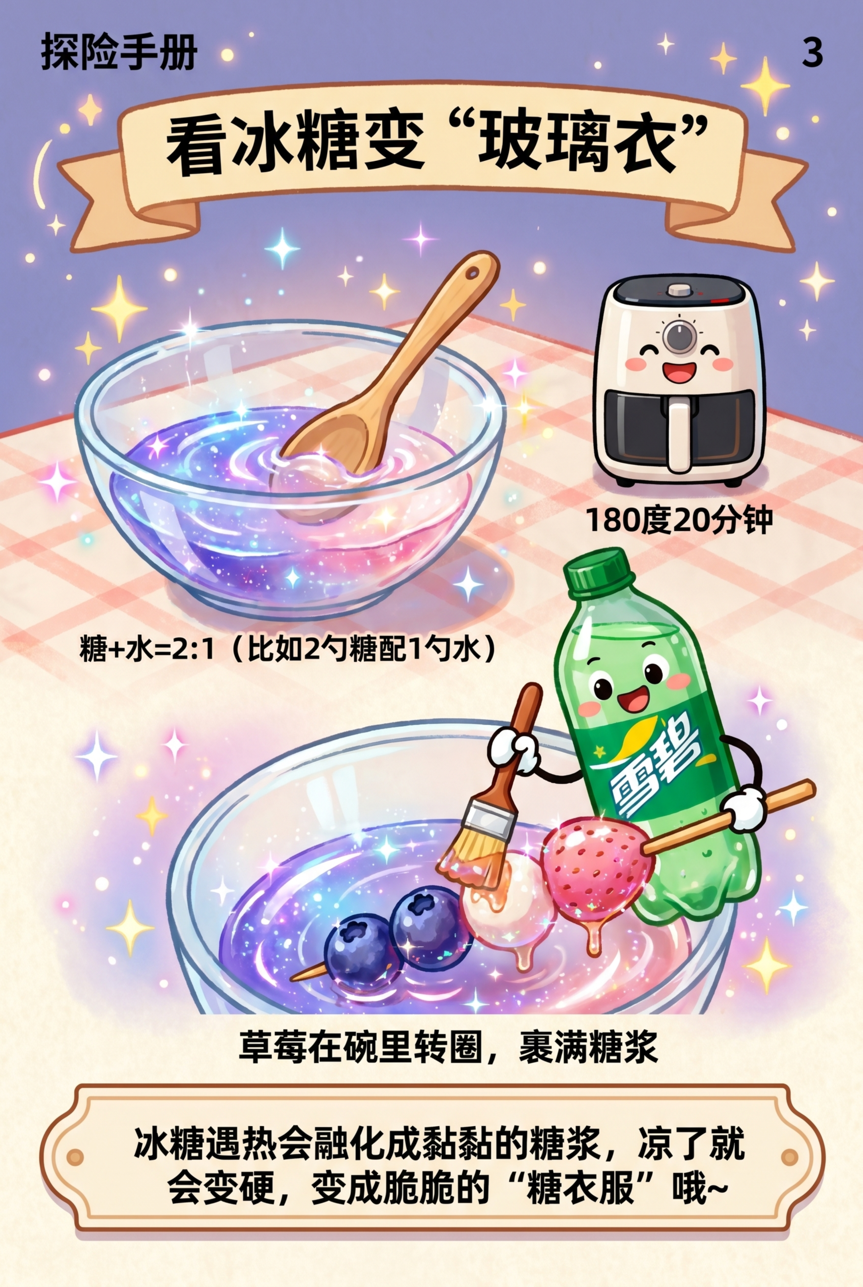 探险手册第三页“糖浆魔法实验室”，大标题：看冰糖变“玻璃衣”，… - 图片创意预览