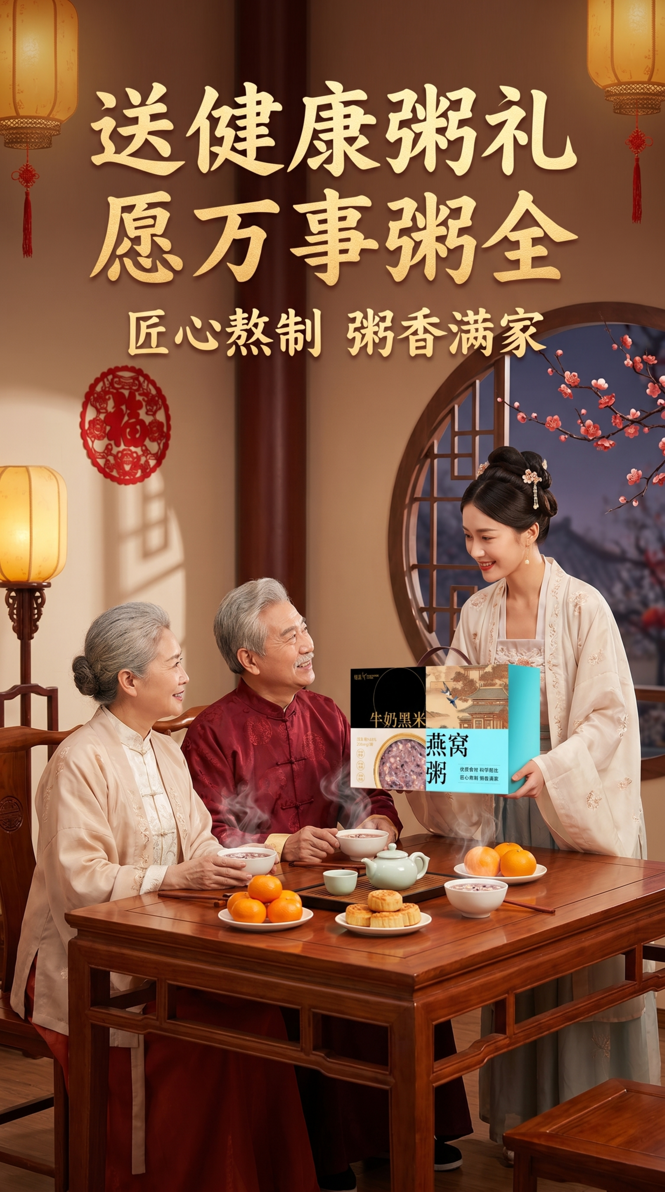 基于这张燕窝粥礼盒设计一张送礼场景海报，整体画面融洽温馨，主标… - 图片创意预览