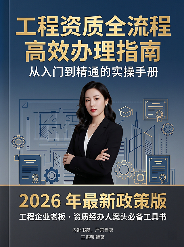 竖版工程工具书封面设计，保留参考图一的排版结构，将图中原有男性人像替换为图二的商务女性人像。整体设计风格专业商务，大气简洁，符合工程建筑行业专业调性。使用深蓝+深灰+金色为主色调，专业稳重且高端。顶部是书名主标题加粗醒目，副标题小字清晰。中部装饰元素包含简约工程建筑线条、蓝图纹理、资质证书相关几何图形，无冗余装饰。底部按要求标注文字：'工程企业老板・资质经办人案头必备工具书' '2026 年最新政策版'，超小字'内部书籍，严禁售卖'，作者'王振荣 编著'，排版规整，层次清晰，印刷质感高端，风格严肃专业。