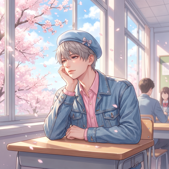 温柔少年感的男生，灰调短发，五官柔和，气质慵懒带着校园初恋感。头戴浅蓝色贝雷帽，帽子点缀蝴蝶结装饰，粉色衬衫外搭做旧质感蓝调夹克，色彩搭配清新柔和。手肘撑在课桌上，手托着脸颊，姿态慵懒放松，像在窗边走预览效果