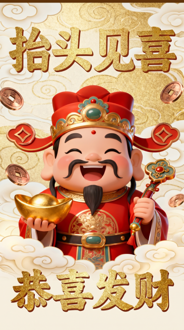 只保留纯画面的国潮风吊顶灯箱背景，去掉下方的面馆实景部分，保持画面中心是喜庆面带笑意的财神爷形象，财神爷手持金元宝和如意，浅金色祥云纹理作为背景，点缀铜钱元素，整体采用红+金+米白配色，画面明亮通透，预览效果