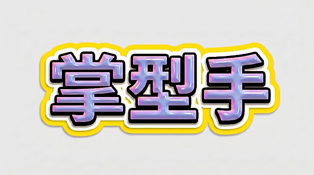 参考图风格，3D立体艺术字，横向单行排列，文字为“掌型手”，字体为粗厚黑体，笔画圆润饱满，带黑色外描边，蓝紫粉渐变光泽金属质感，带有白色衬底，外圈轮廓为黄色，整体为贴纸样式，背景干净灰色，文字整体必须完整呈现在画面内不可被裁切，四周留有安全边距，画面中只能出现“掌型手”三个字，颜色和风格与参考图主体完全保持一致，外圈边框固定为黄色，不得增加、遗漏或替换文字