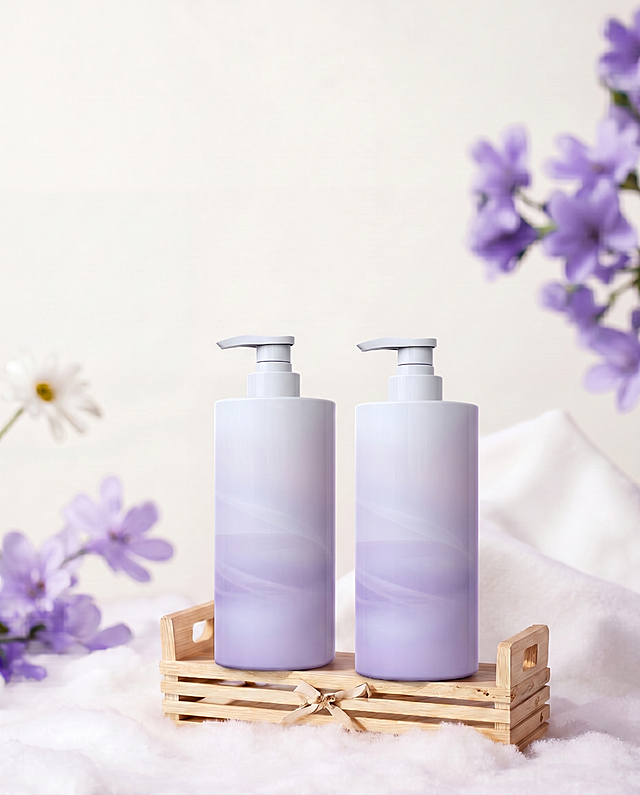 严格按照图2（参考产品图）还原瓶身所有细节：保持瓶身原有的淡紫色渐变纹路、光泽质感、泵头形状和颜色，100%复刻所有纹理细节，不修改、不新增、不改变任何外观细节。将当前图中的瓶身细节替换为完全和图二一致，保持现有的摆放位置、构图、背景和光影不变，确保瓶身淡紫色本色不发灰，色彩饱和明亮，自然融入背景。严格锁定宽高比为 4:5，4K分辨率，高清商业产品摄影。