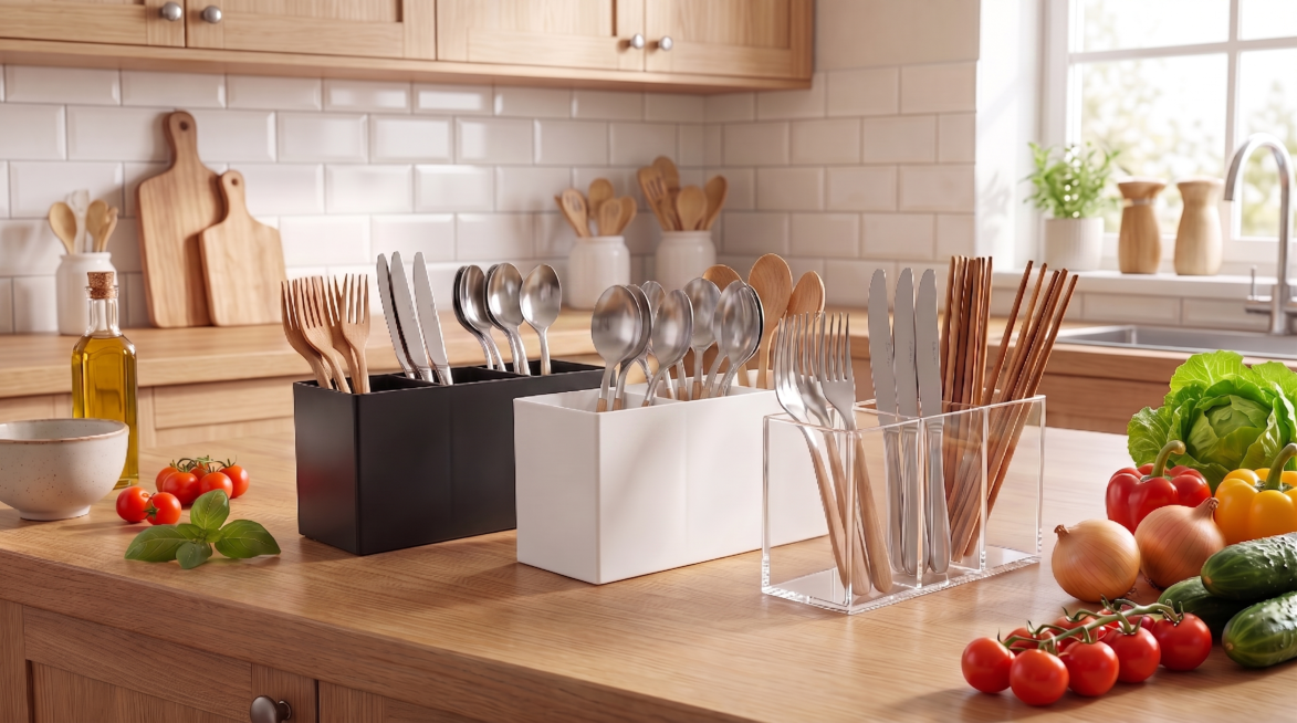 将中间白色三格收纳盒中原本放在其他格子的铁勺子，调整至白色收纳盒空的那一格中；其余元素（黑色、透明收纳盒及餐具布局、蔬菜、背景等）保持不变，确保光影与整体一致预览效果