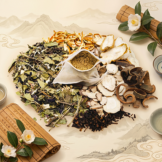 多种中药材组合，包含干花叶、切片根茎、丁香、陈皮和装有中药粉末的棉药袋，所有中药材的种类和位置保持不变，仅替换背景。保持物理结构不变，严禁扭曲拉伸改变产品形态，保持原有药材不发生变动，药袋开口处为打碎后的中药粉末。古典中式国风场景，浅米暖色调，搭配中式竹简、花卉植物道具，背景是淡色国风山水云纹。柔和明亮侧光，【产品受光面泛起暖米色柔光，暗部及边缘映射浅棕黄色的环境光晕。绝对禁止纯白高光，彻底物理融合】。主体居中布局，保持药材自然散落的构图。微调拍摄视角为微侧，替换参考图的道具，将竹简替换为仿古竹简，背景重构为全新的国风山水，保持整体古典中式氛围相似度50%，消除所有文字。严格锁定宽高比为1:1。4K分辨率。