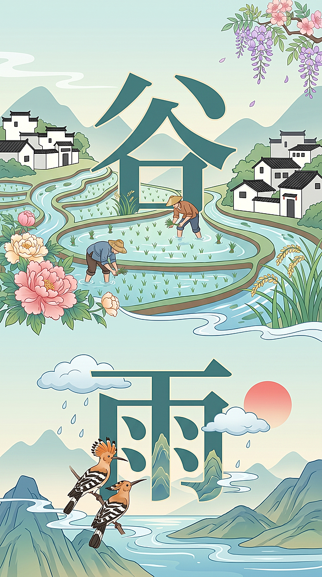 中国风谷雨节气主题海报，扁平化插画风格，莫兰迪低饱和色调，上下分层构图。中部将汉字"谷"艺术化处理，融入山间农耕场景，包含农夫插秧、白墙黑瓦村落、蜿蜒溪流、稻田与谷雨节气花卉。底部将汉字"雨"艺术化处理，融入山水元素，点缀戴胜鸟与红色落日。整体氛围淡雅宁静，充满传统节气意境，超高清8K画质