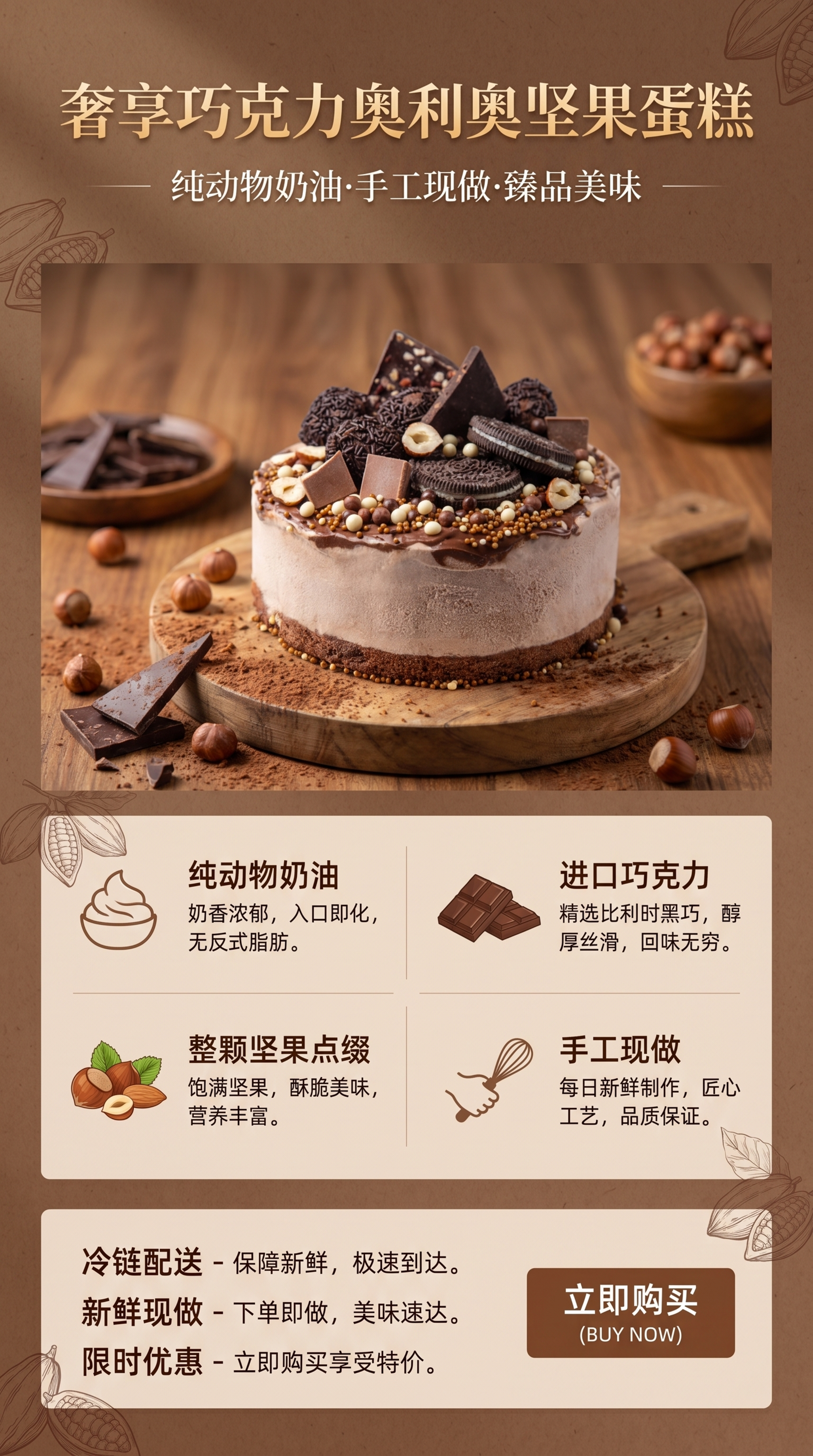 电商商品详情页设计，展示这款巧克力奥利奥坚果蛋糕，分板块设计：… - 图片创意预览