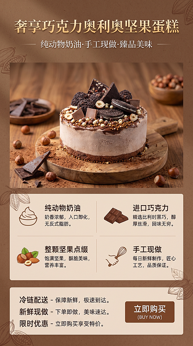 电商商品详情页设计，展示这款巧克力奥利奥坚果蛋糕，分板块设计：主标题区、产品实拍区、卖点介绍区和购买提示区。卖点包括：纯动物奶油、进口巧克力、整颗坚果点缀、手工现做，整体风格高端治愈，棕色调美食风，排版简洁清晰，适合电商平台展示