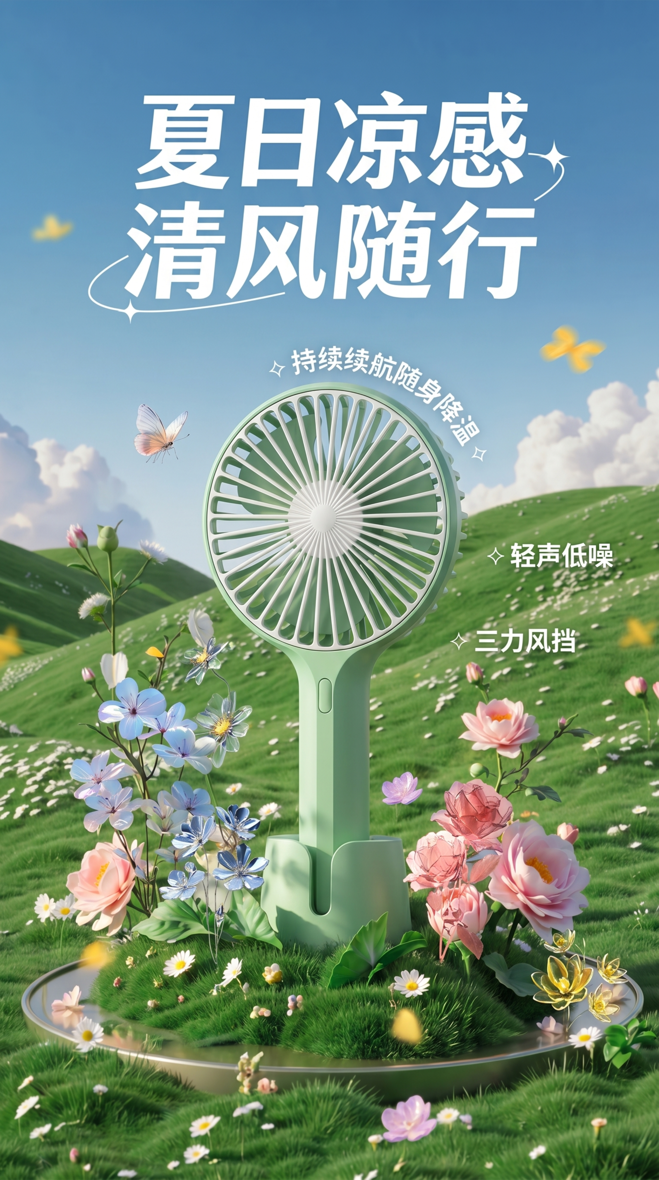 参照第一张图片的排版布局，将第二张图片的手持风扇主体放到第三张… - 图片创意预览