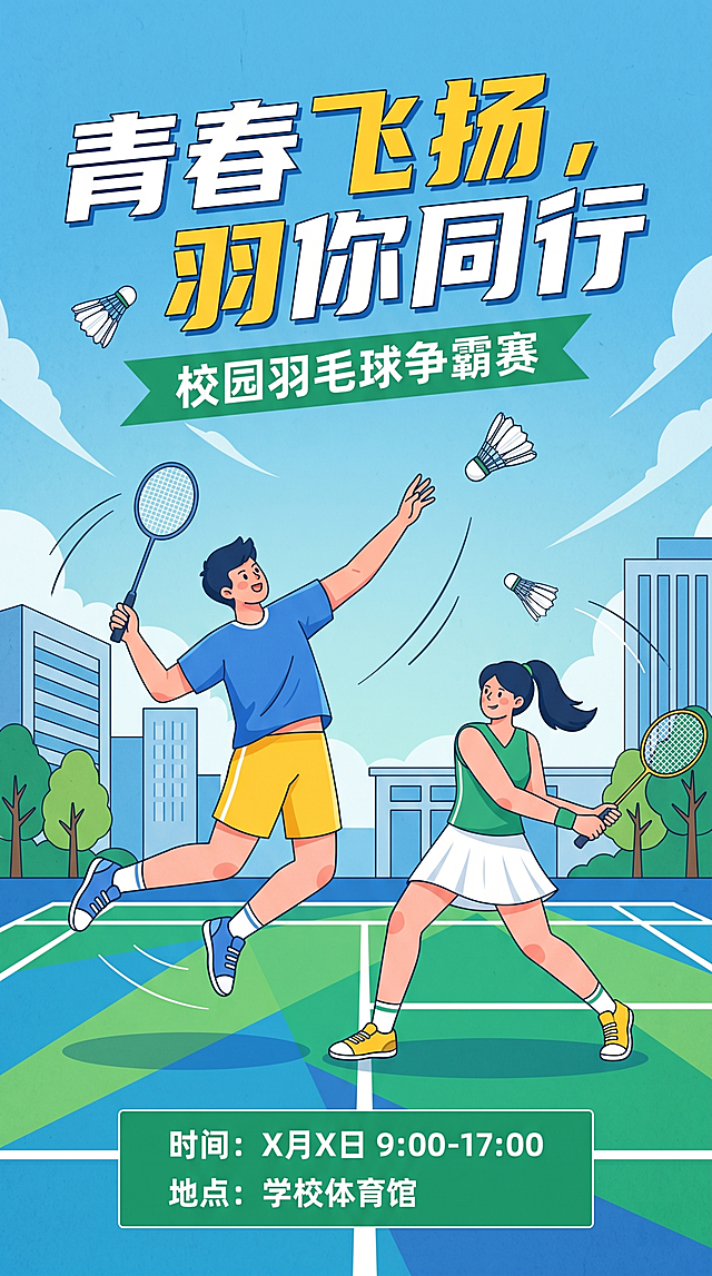 学校羽毛球比赛宣传海报，参考提供的三张海报风格，采用扁平插画风，主标题为"青春飞扬，羽你同行"，副标题是校园羽毛球争霸赛，下方标注时间地点，蓝色和绿色为主色调，画面有青春活力的羽毛球运动员插画，包含羽毛球和球拍元素，整体排版清晰，充满青春校园氛围