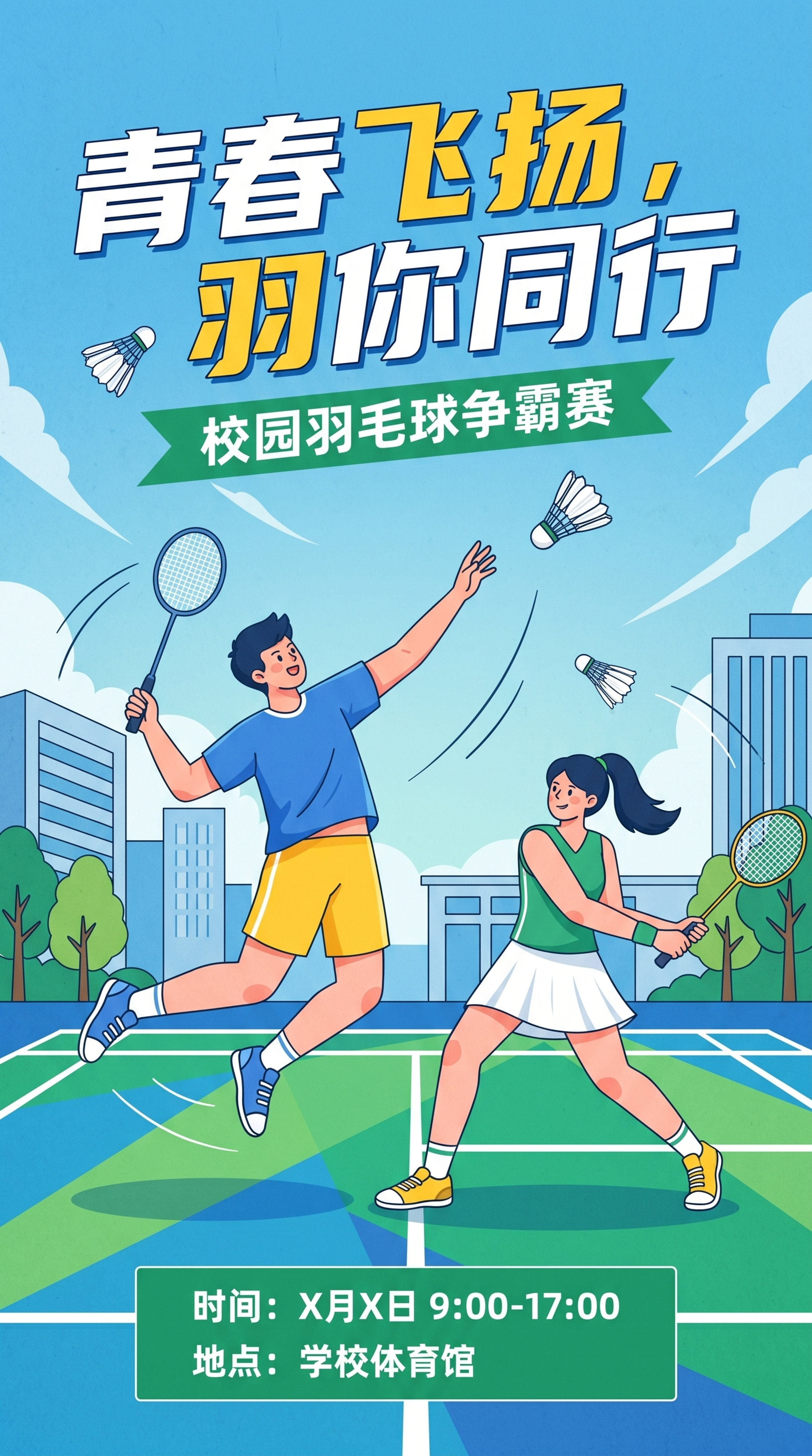 学校羽毛球比赛宣传海报，参考提供的三张海报风格，采用扁平插画风… - 图片创意预览