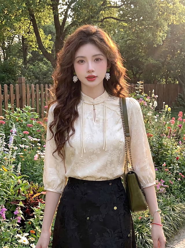 将图1的米白色提花新中式立领中袖上衣+黑色提花半裙，保留整套衣服所有提花纹理和版型细节，替换到图2中人物身上，更换上衣和下衣，保留图2的人物、发型、五官、配饰、背景花园环境，全部保持不变，8K高清