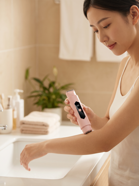 樱花粉色双头电动剃毛器，保持产品外观与物理结构绝对不变。东亚年轻美女手持这款剃毛器正在使用，自然展示使用场景。浅米色暖调浴室环境，干净的白色洗漱台面，背景简洁拉开景深。全屋漫射柔光，低对比度，画面明亮预览效果