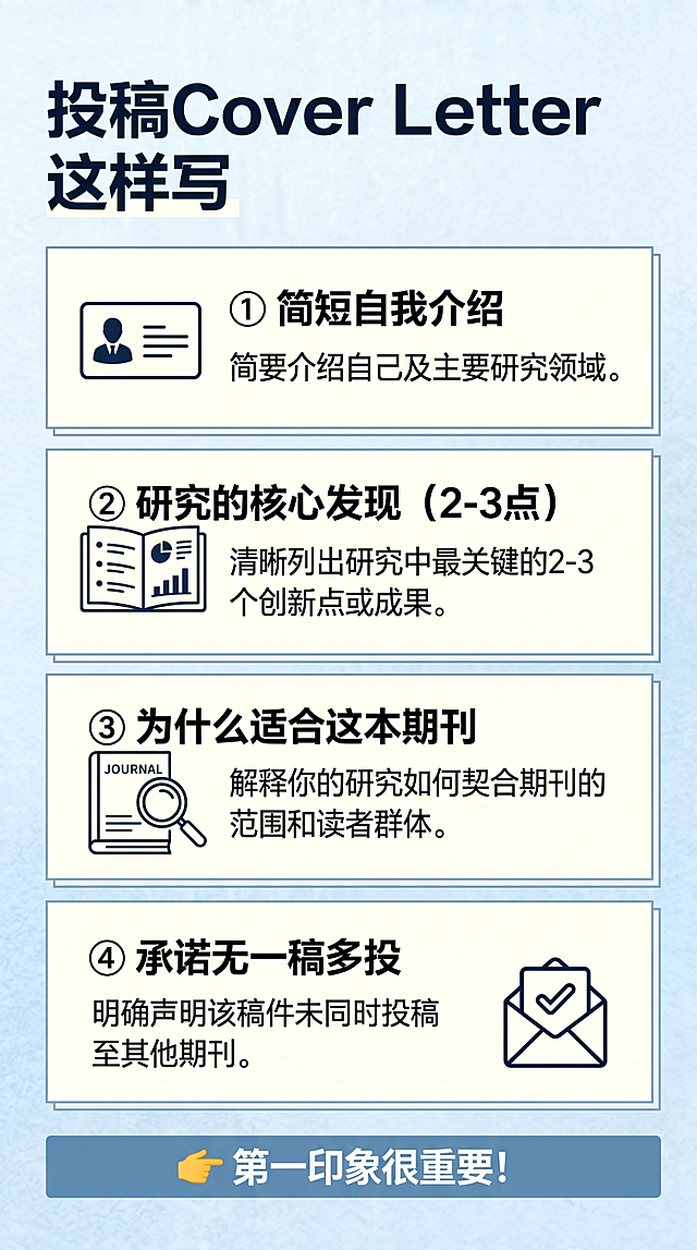 生成一张研究生论文投稿知识科普图文，排版精致，质感高级清晰，无水印，参考参考图蓝色简约学术风格排版，参考图文结构。包含内容大标题：投稿Cover Letter 这样写，内容分四点：① 简短自我介绍 ② 研究的核心发现（2-3点） ③ 为什么适合这本期刊 ④ 承诺无一稿多投，结尾标注：👉 第一印象很重要！，字体清晰可辨，语言逻辑通顺