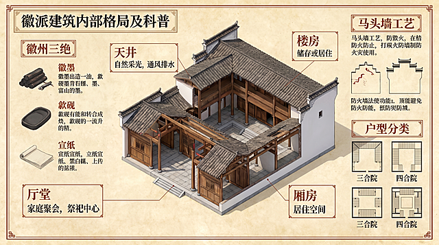 基于参考图生成完整的徽派建筑结构信息可视化图，保留当前轴测剖视内部建筑效果图，补充徽州三绝、马头墙工艺、户型分类等完整结构科普信息，保持复古米黄中国风设计风格，所有文字准确无乱码，排版清晰