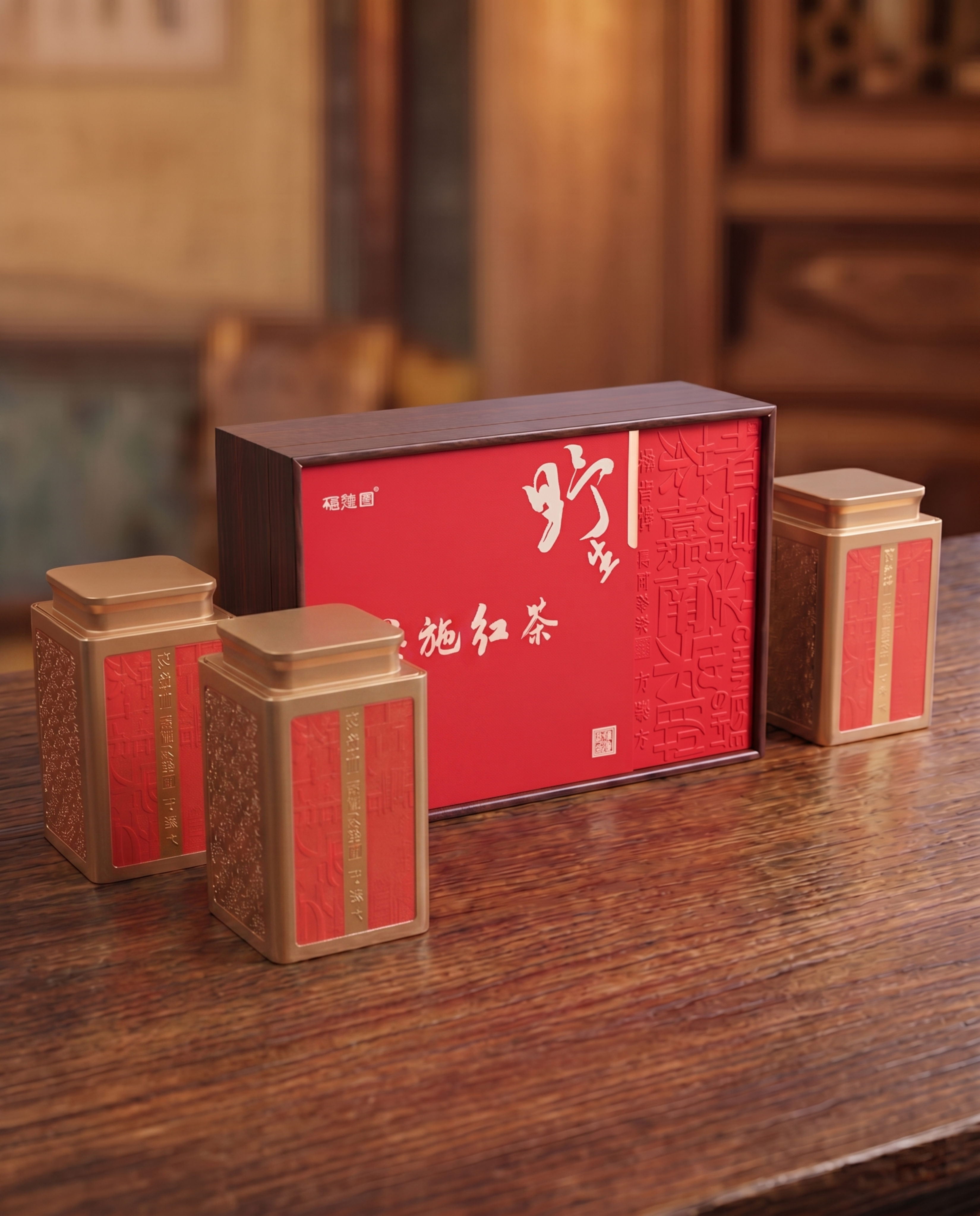 保持恩施红茶礼盒和两个茶叶罐的外观、文字、材质完全不变。重新构… - 图片创意预览