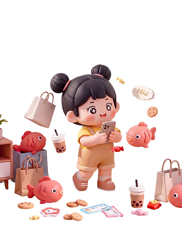 3D 卡通渲染，软萌黏土质感，圆润无棱角, 柔和漫反射光，低饱和马卡龙色调。场景为简约明亮客厅，Q版双丸子头女生站立，双手捧着手机，眼睛亮晶晶盯着屏幕，脸上是惊喜又满足的笑容，脸颊有两坨圆圆腮红，像发现宝藏一样；身体微微前倾，重心在脚尖，动作轻盈雀跃但不夸张，整体软乎乎治愈感。背景干净简洁，延续原图风格：悬浮小鱼、购物袋、奶茶、优惠券等元素可适度保留或简化，确保风格统一