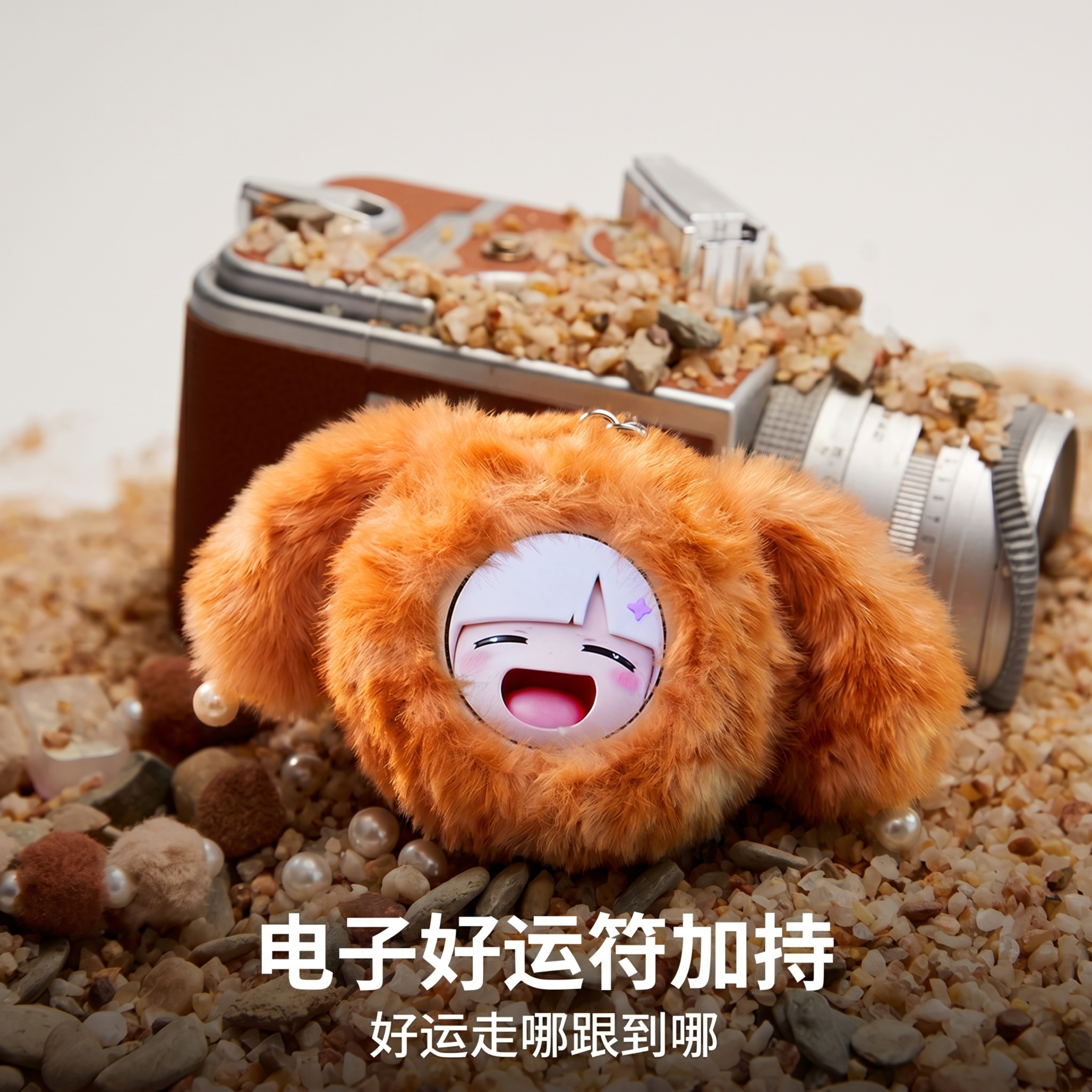 将图1中浅棕色毛绒玩偶（带黄格蝴蝶结、大眼）完整替换为图2中的… - 图片创意预览