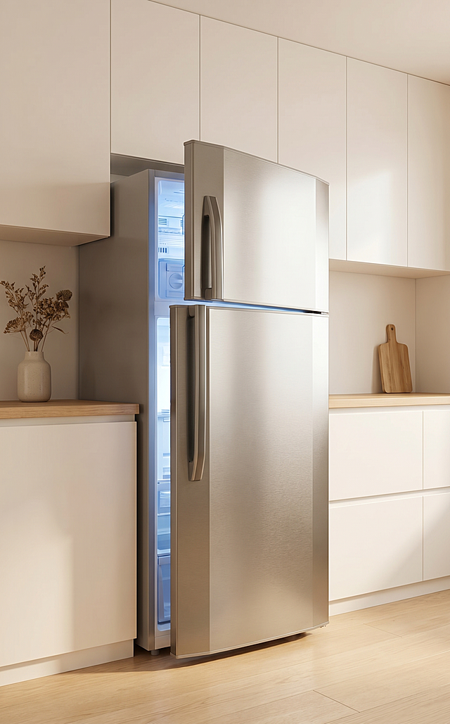 保持原银色拉丝不锈钢双开门冰箱产品外观和物理结构绝对不变，更换背景为现代简约风格厨房，整体空间干净明亮，采用柔和漫射自然光，低对比度，阴影淡而柔和，色调为暖白低饱和度，营造温馨治愈的家居氛围，厨房环境精致极简，仅保留简约橱柜，避免生活杂物，画面通透，商业级4K摄影，严格锁定宽高比为5:8，保持产品结构不变，无变形扭曲