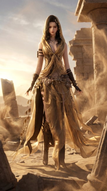 参考图一的人物动作和视角，保留图二人物的外观形象、衣服和头发细节，场景改为荒漠废墟，人物衣服保持飘逸，添加沙子特效，3D动漫风格，真实渲染，电影级光影，9:16竖版构图预览效果