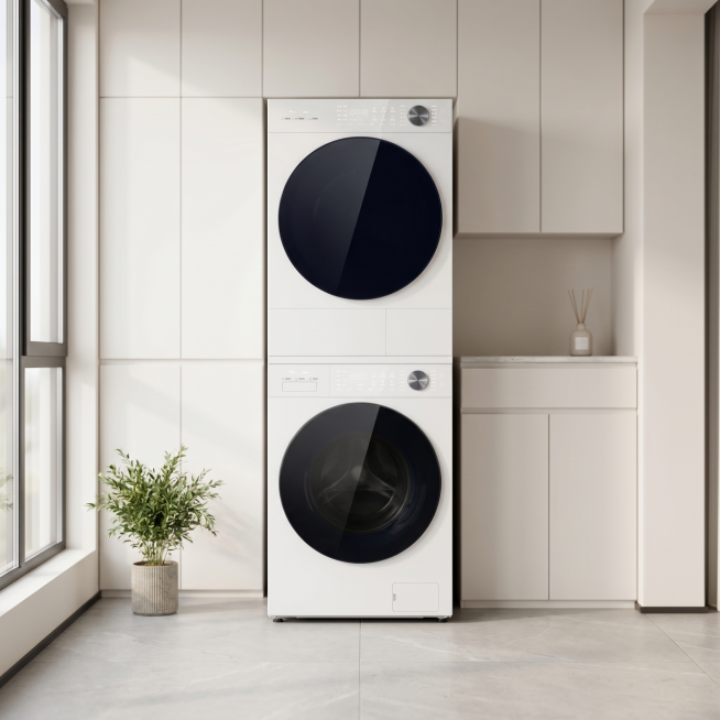 原图产品是白色机身黑色舱门的洗烘套装一体机，保持产品物理结构绝对不变，保持产品外观细节和Logo文字不变，严禁扭曲变形穿模。放置在现代轻奢风家居阳台中，地面是浅灰色哑光岩板，背景是暖白色定制柜体，整体预览效果