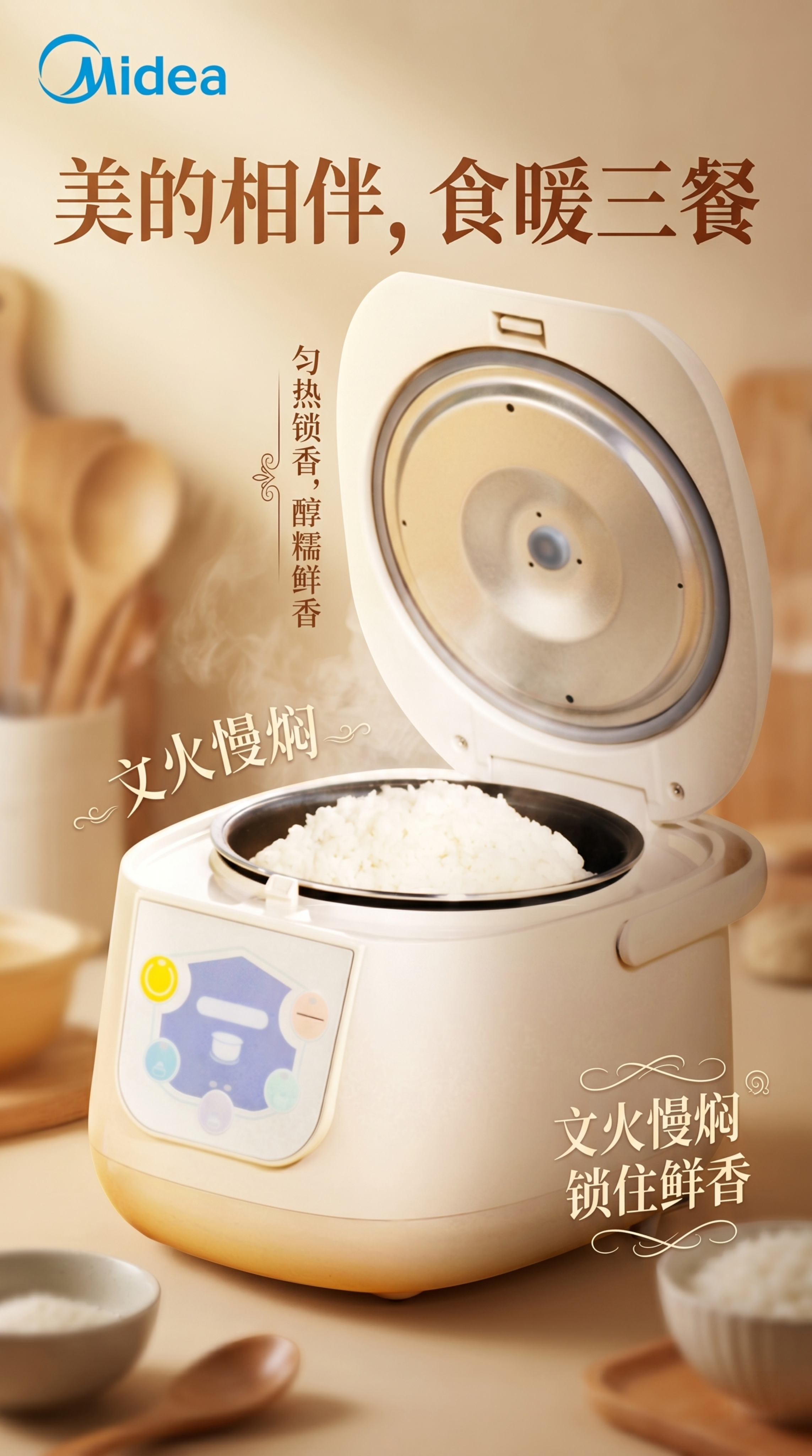 生成一张竖版电饭煲商业海报，主体为图片1中的白色电饭煲，左上角… - 图片创意预览