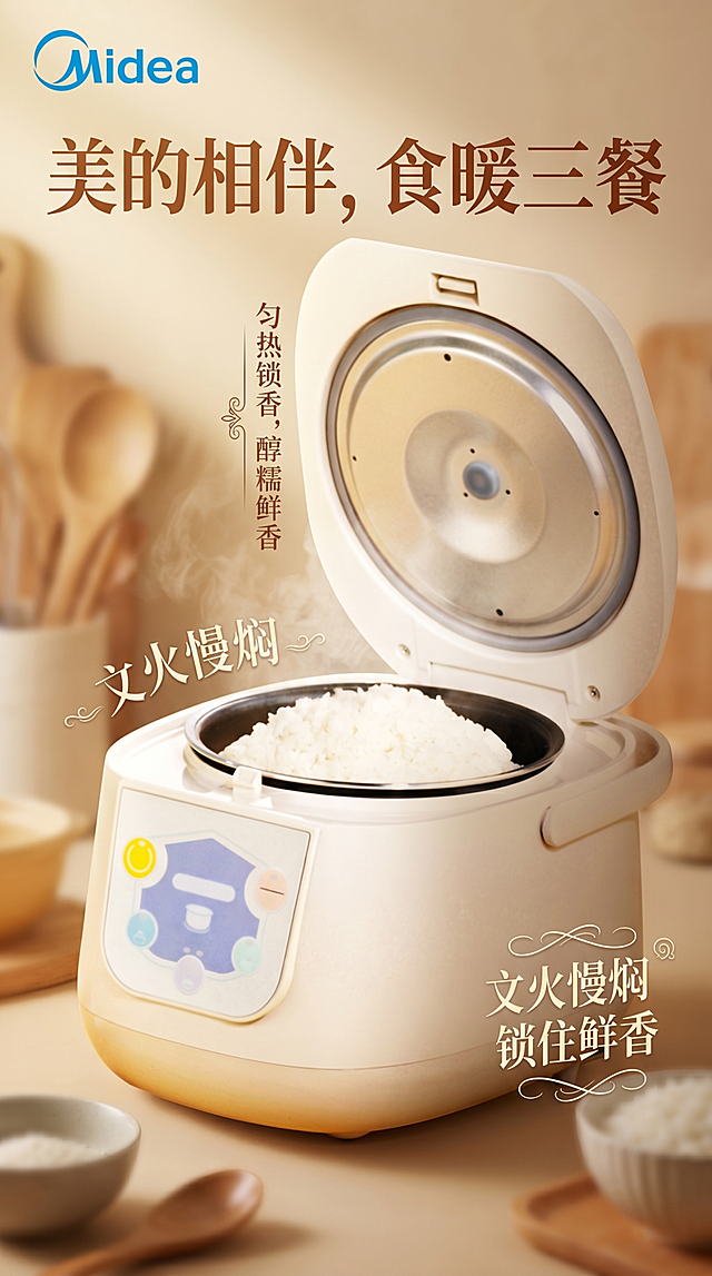 生成一张竖版电饭煲商业海报，主体为图片1中的白色电饭煲，左上角放置图片2的美的logo，顶部大标题为"美的相伴，食暖三餐"，海报添加装饰点缀文案"匀热锁香，醇糯鲜香"、"文火慢焖"、"锁住鲜香"，柔和暖光，浅景深，商业产品摄影风格，高细节，4K分辨率