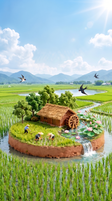 去掉图片上的所有文字内容，保留立夏夏日田园微缩景观风景和整体构图，生成高清图片预览效果