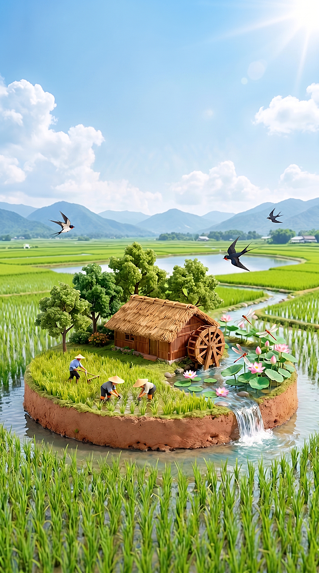 去掉图片上的所有文字内容，保留立夏夏日田园微缩景观风景和整体构图，生成高清图片