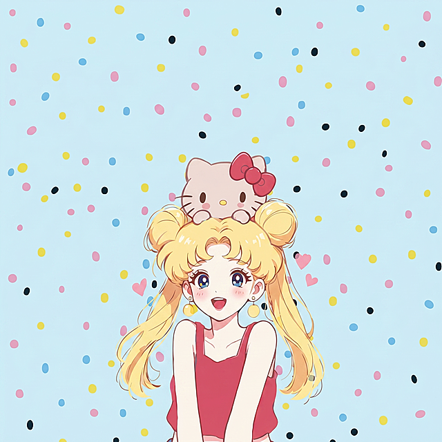 生成一张单独的4K超清2D平面图，包含原T恤上的印花图案：浅蓝色背景配彩色波点，美少女战士和头戴红色蝴蝶结的Hello Kitty，图案展开平整，去除褶皱和衣物以外所有内容，增强图案细节