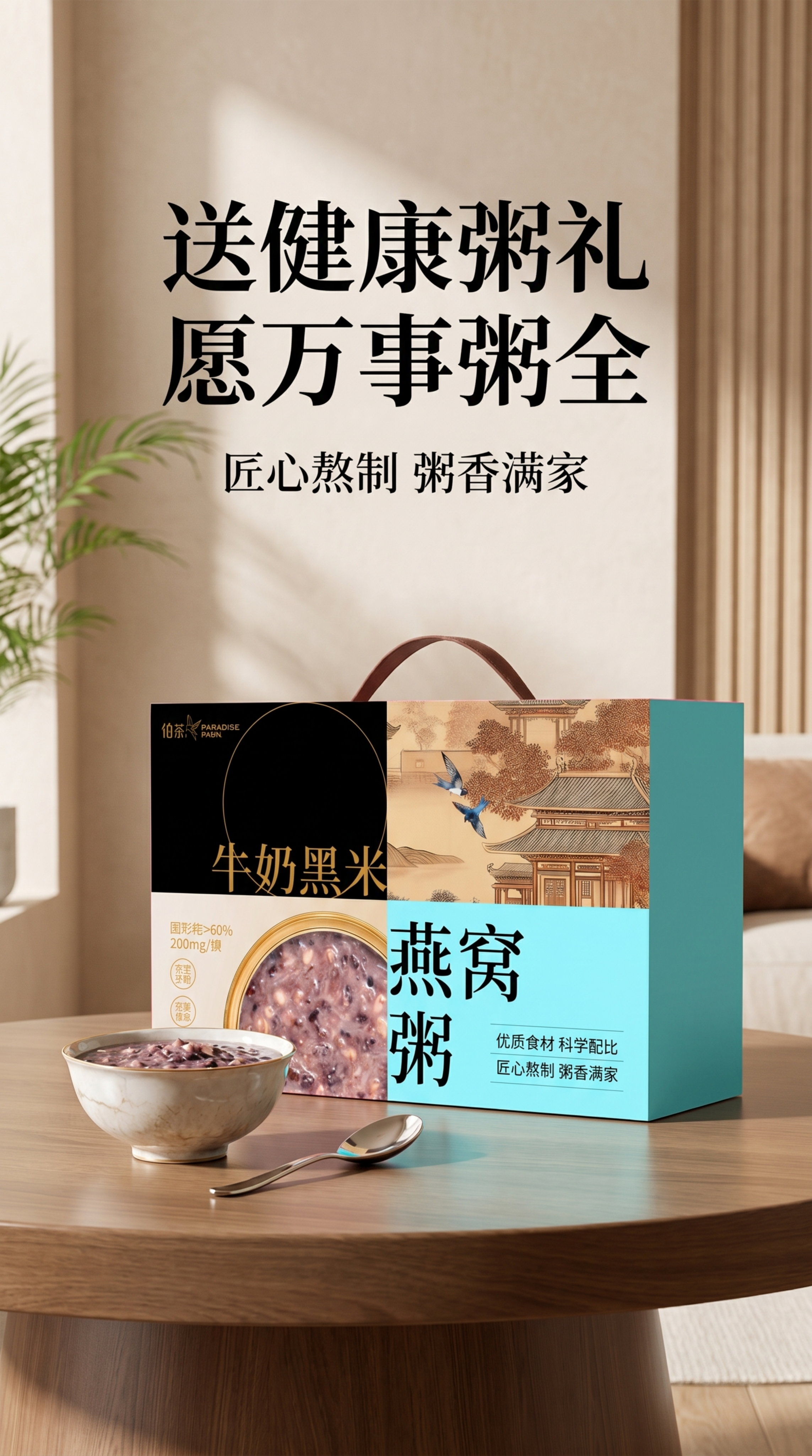 基于这张燕窝粥礼盒重新设计一张现代送礼场景海报，整体画面简洁时… - 图片创意预览
