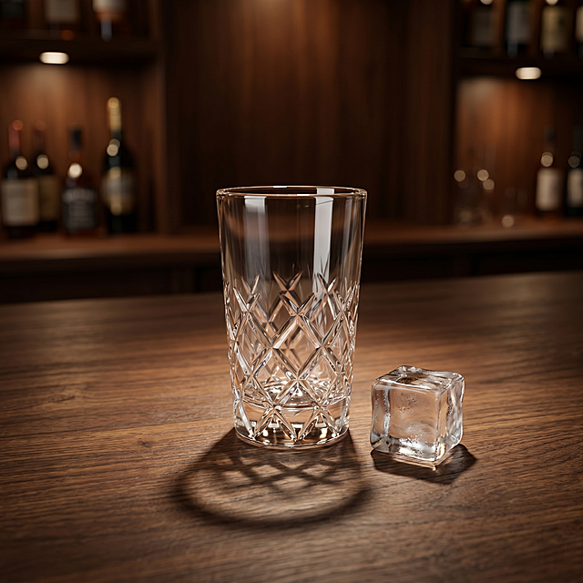 透明刻菱格纹迷你子弹杯，保持产品物理结构绝对不变，严禁扭曲变形，保持刻纹不变。
微俯视构图，主体占画面70%，平稳放置在深色胡桃木吧台桌面上，有清晰接触阴影，严禁穿模。
清吧氛围，深棕色木质背景，拉开景深。
柔和暖调聚光，突出玻璃切割纹理通透感。
旁边点缀一颗透明冰块，增添饮酒氛围。
商业静物摄影，4K分辨率，干净通透，质感高级。严格锁定宽高比为1:1。