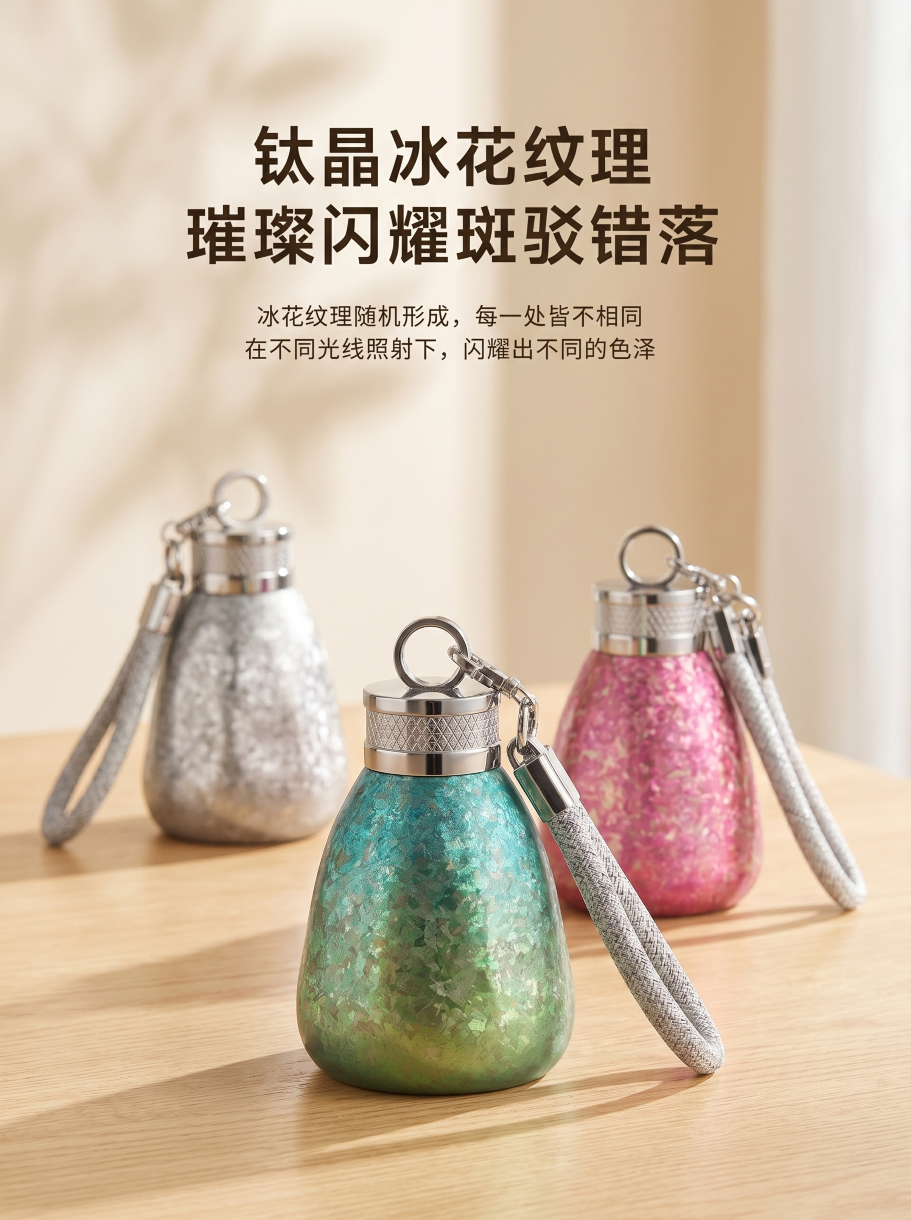 展示三款不同颜色纯钛小胖杯，冰花结晶银色款、樱花粉结晶款和绿渐… - 图片创意预览