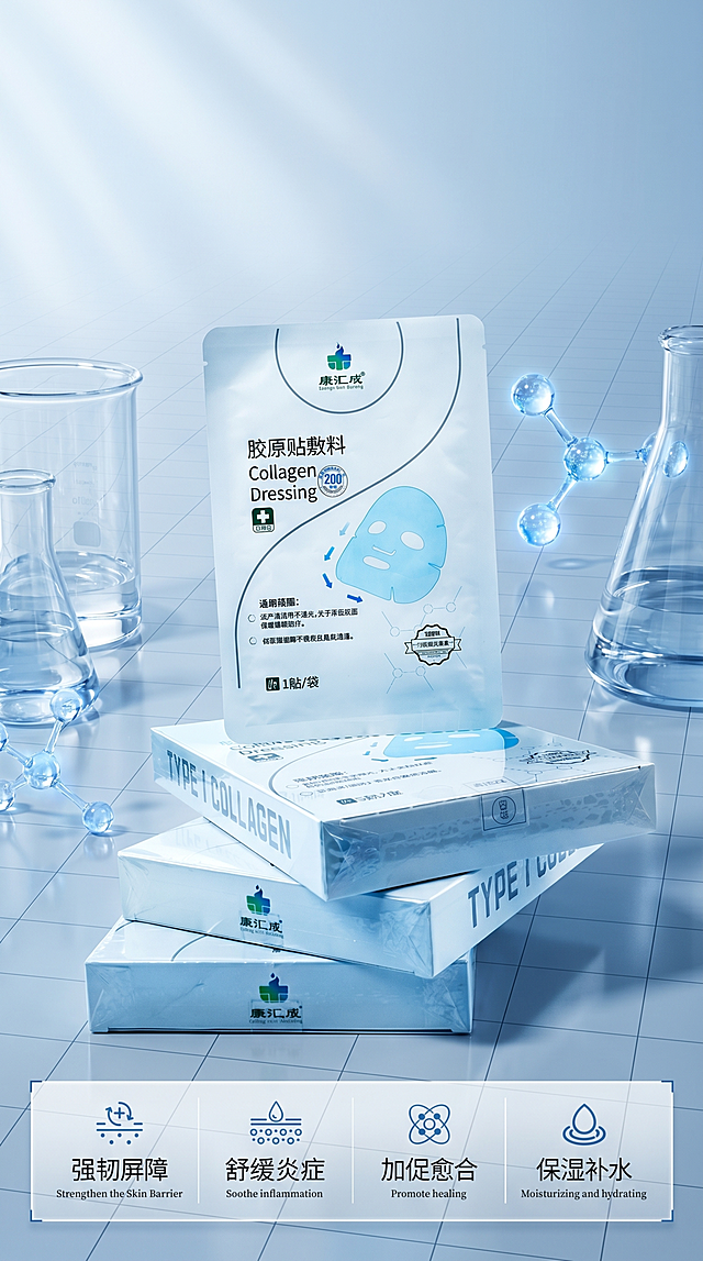 康汇成胶原贴敷料，产品包含一袋独立面膜贴和三个包装盒，保持产品外观、品牌文字和Logo原样，严禁改变产品形态和透视结构。构图参考参考图布局，产品放置在画面中下部，整体蓝色冷调，水漾清透风格，医用护肤专业感。浅灰色反光瓷砖背景，搭配透明玻璃和蓝色分子结构摆件，纯净干净的医疗感氛围。整体冷调光，极亮无影柔白光，水波折射通透感，产品受光面泛起浅冰蓝色，暗部及边缘映射深蓝灰色的光晕。绝对禁止纯白高光，彻底物理融合。底部保留四个功效图标文字排版区域，严格锁定整体宽高比9:16。4K分辨率，商业美妆摄影，极致干净通透。