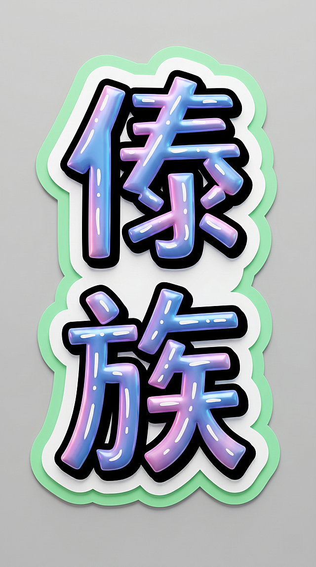 参考图风格，3D立体艺术字，竖排排列，文字为“傣族”，字体为粗厚黑体，笔画圆润饱满，带黑色外描边，蓝紫粉渐变光泽金属质感，带有白色衬底和浅绿色外圈轮廓，整体为贴纸样式，背景干净灰色，文字整体必须完整呈现在画面内不可被裁切，四周留有安全边距，画面中只能出现“傣族”两个字，不得增加、遗漏或替换文字