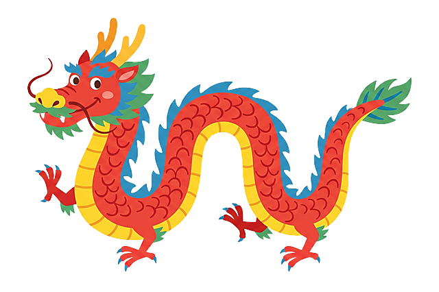 生成一只中国龙，采用参考图中的可爱扁平插画风格，简约纯色块拼接，卡通造型，清晰干净的线条，高清画质