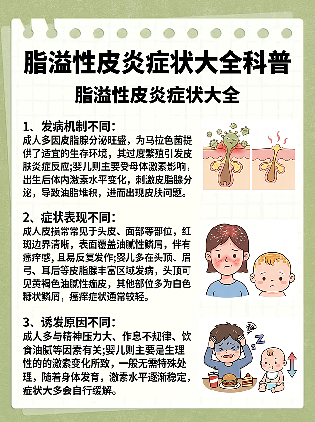 参考原图的医疗科普海报风格，替换内容为脂溢性皮炎症状大全科普，标题是脂溢性皮炎症状大全，内容保留：1、发病机制不同：成人多因皮脂腺分泌旺盛，为马拉色菌提供了适宜的生存环境，其过度繁殖引发皮肤炎症反应;婴儿则主要受母体激素影响，出生后体内激素水平变化，刺激皮脂腺分泌，导致油脂堆积，进而出现皮肤问题。2、症状表现不同：成人皮损常见于头皮、面部等部位，红斑边界清晰，表面覆盖油腻性鳞屑，伴有瘙痒感，且易反复发作;婴儿多在头顶、眉弓、耳后等皮脂腺丰富区域发病，头顶可见黄褐色油腻性痂皮，其他部位多为白色糠状鳞屑，瘙痒症状通常较轻。3、诱发原因不同：成人多与精神压力大、作息不规律、饮食油腻等因素有关;婴儿则主要是生理性的激素变化所致，一般无需特殊处理，随着身体发育，激素水平逐渐稳定，症状大多会自行缓解。整体为浅绿色背景，顶部线圈装订记事本样式，每个要点配对应卡通皮肤示意图，医疗科普风格。