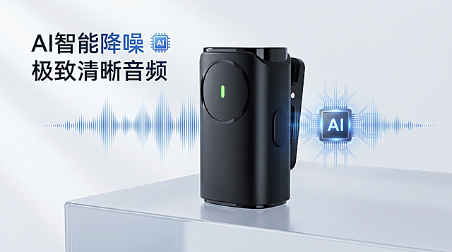 基于图中的无线麦克风产品，生成一张麦克风营销图，突出AI智能降噪功能卖点，极致简约高级构图，主体突出，干净干净通透的商业产品摄影光效