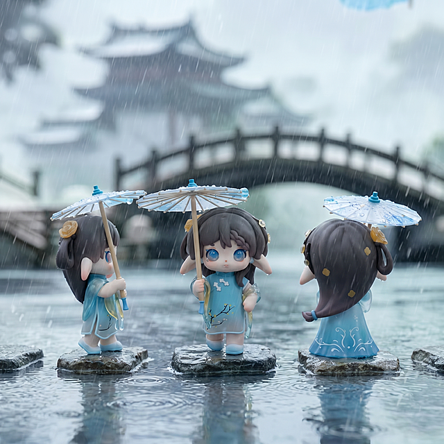 将这三款手办人物放到参考图的江南雨景中，包含拱桥、古建筑、水面下雨效果，场景相似度50%，图片比例1:1，4K高清