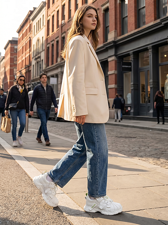 一个年轻女模特穿着参考图的鞋子