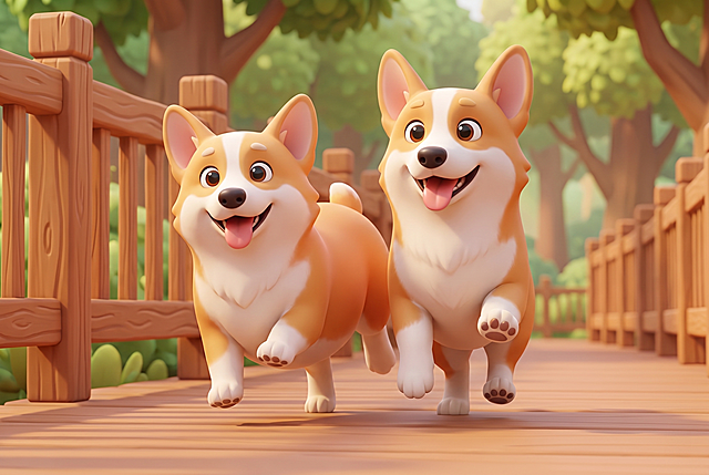 将图中的两只柯基犬改为3D卡通形象，保持奔跑的动作和原场景不变，风格为可爱的3D卡通