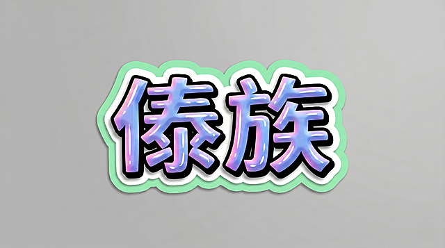 参考图风格，3D立体艺术字，横向单行排列，文字为“傣族”，字体为粗厚黑体，笔画圆润饱满，带黑色外描边，蓝紫粉渐变光泽金属质感，带有白色衬底和浅绿色外圈轮廓，整体为贴纸样式，背景干净灰色，文字整体必须完整呈现在画面内不可被裁切，四周留有安全边距，画面中只能出现“傣族”两个字，颜色和风格与参考图完全保持一致，不得增加、遗漏或替换文字