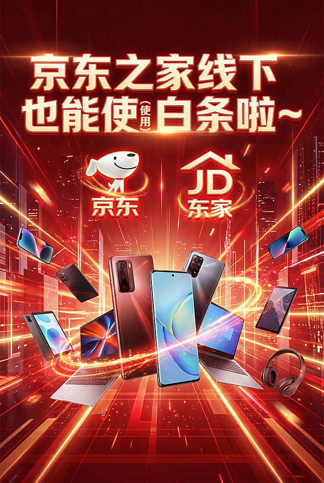 红色大气商务风京东之家海报，竖版比例2:3，科技光效点缀，产品错落摆放，文字"京东之家线下也能使用白条啦~"放在显眼位置，加上两个logo，设计全新不重复
