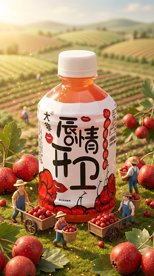 图中这款大非唇情开卫山楂果味饮料瓶，保持瓶身物理结构和外观、文字、图案绝对不变，严禁包装扭曲或Logo变形
将饮料瓶作为画面视觉中心，放置在农田微景观场景中，远处是延伸的田野
场景中有3D可爱小农民造型，运输着新鲜采摘的红山楂，周围散落新鲜山楂果实
整体是摄影场景搭建风格，充满自然田园氛围，午后暖调柔光从左侧照射，形成柔和自然阴影
点缀细碎光斑和新鲜叶片，增添生机感
商业高端美食摄影，8K超清画质，细节丰富，极具食欲，构图完美，严格锁定宽高比为9:16