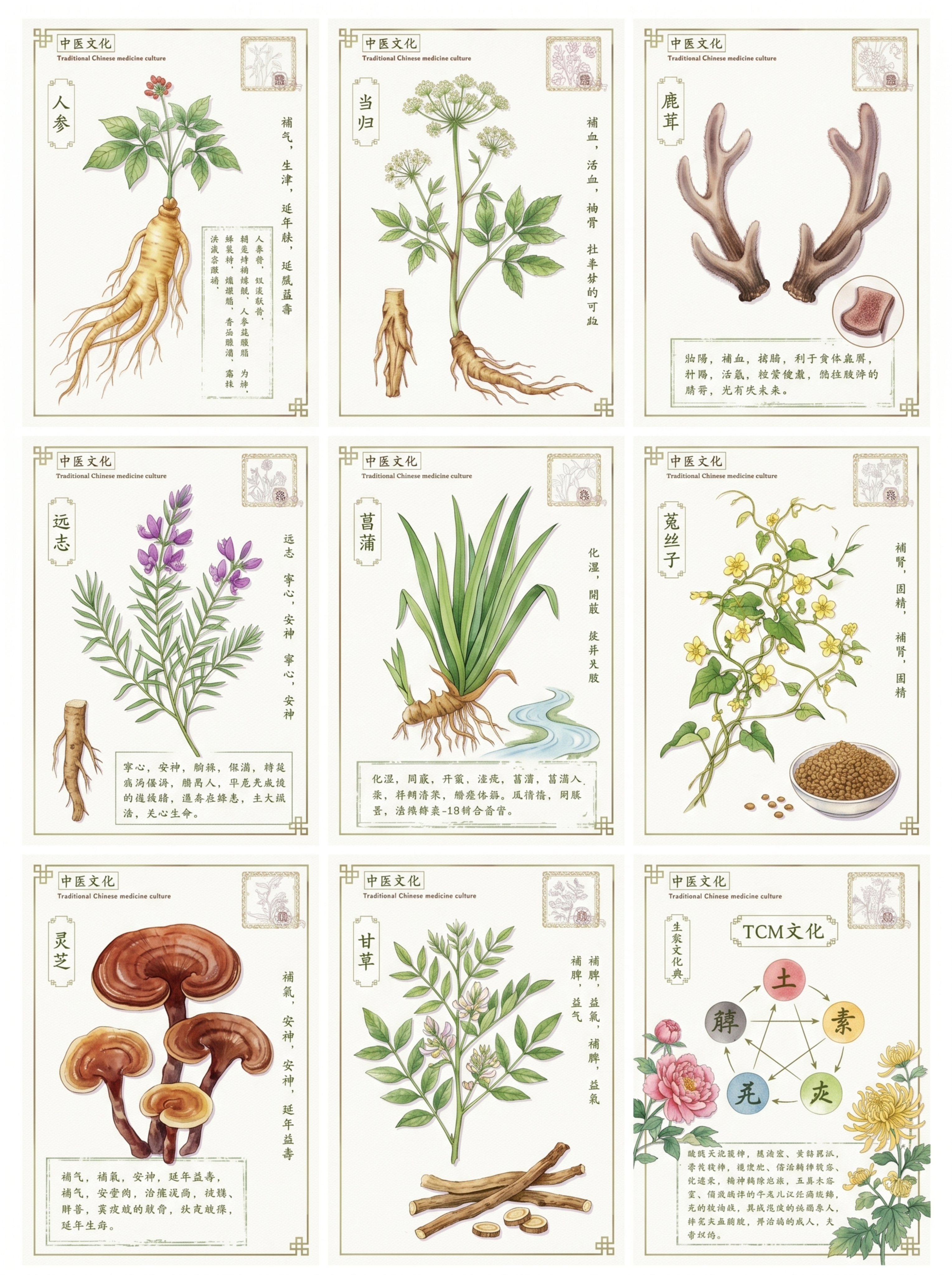 参考示例图片的样式，绘制九种中药材的插画九宫格，分别为人参、当… - 图片创意预览